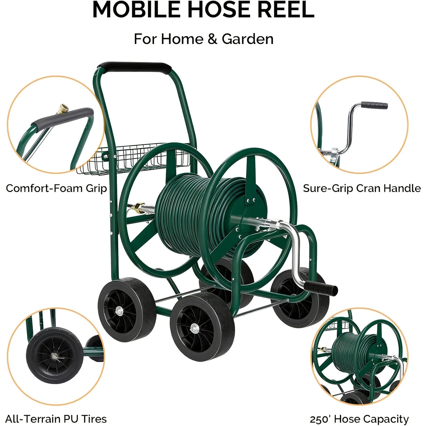 Garden Hose Reel Cart | 250ft Capacity, Heavy-Duty Steel, 4 Wheels & Storage Basket