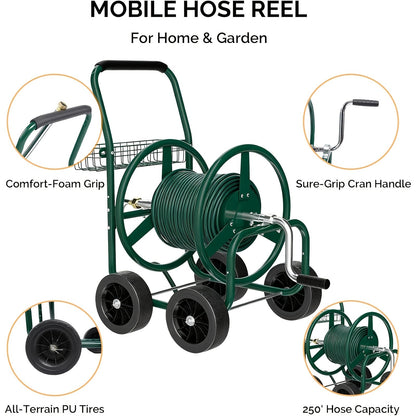 Garden Hose Reel Cart | 250ft Capacity, Heavy-Duty Steel, 4 Wheels & Storage Basket