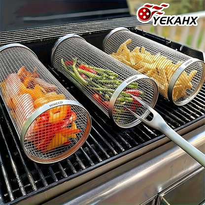 Rolling Grill Basket Stainless Steel 2-Pack – Cylinder BBQ Basket with Hook & Fork for Vegetables, Meatballs & Seafood | Outdoor Camping Bonfire Grill Accessory