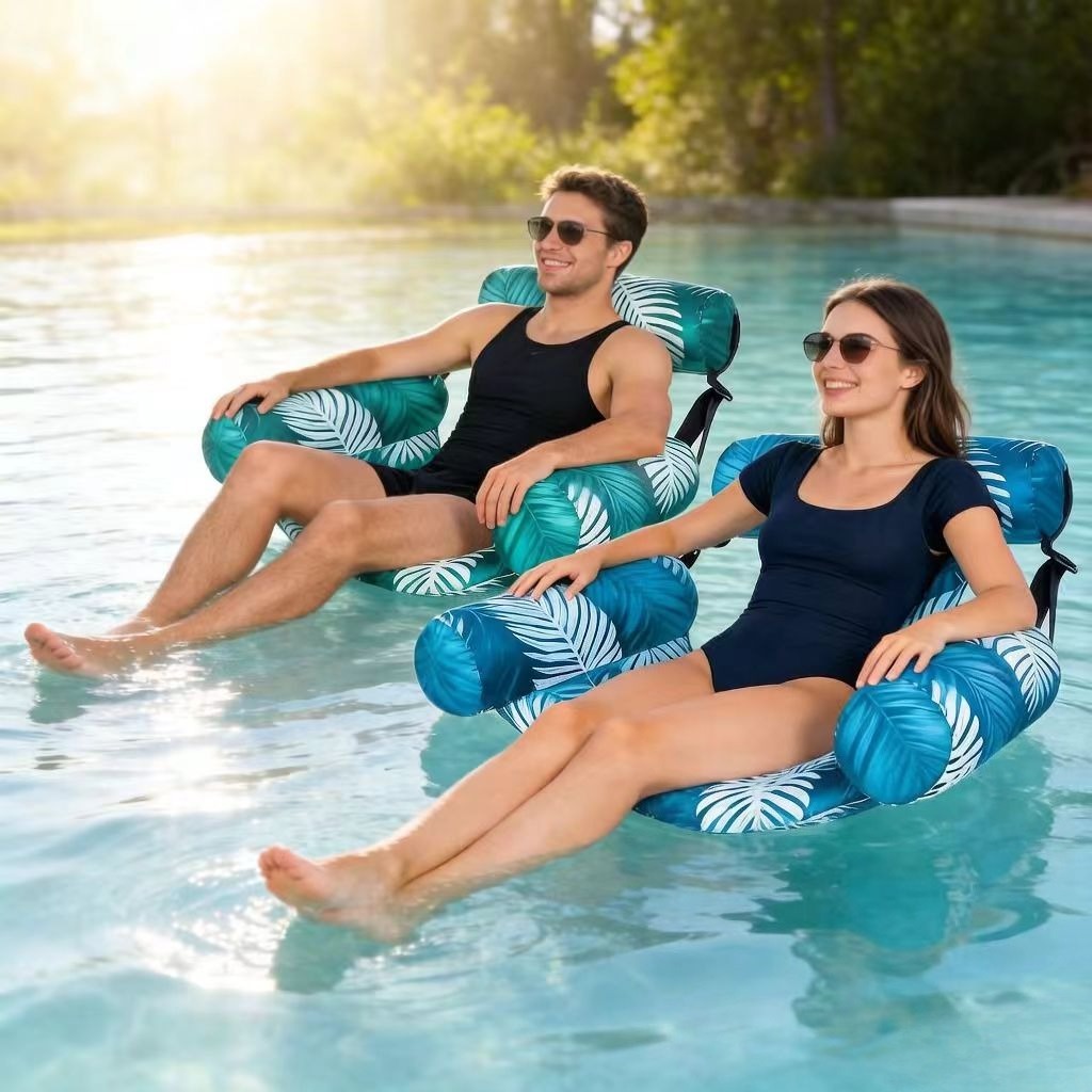 Inflatable Lounge Chair Pool Float Set of 2 – Leaf Pattern Adult Float for Pool Parties Lakes & Beaches, Portable Summer Water Lounger Blue & Green