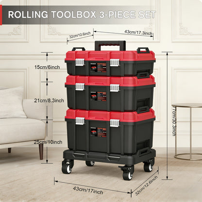 Rolling Tool Box with Wheels 3-Tier Stackable Organizer | Lockable Compartments, Connected Storage, 17" Large Plastic Toolbox for Garage, Home & Professional Work