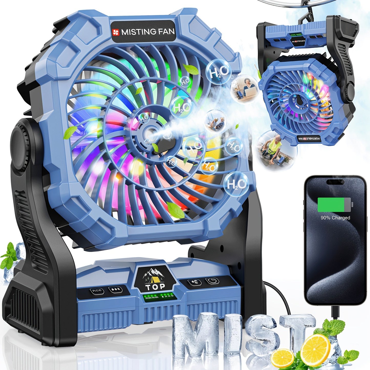 Camping Fan Rechargeable 20000mAh with Misting Solar Panel RGB Mood Light 4-Speed Tent Hook Phone Charging Portable Outdoor Fan