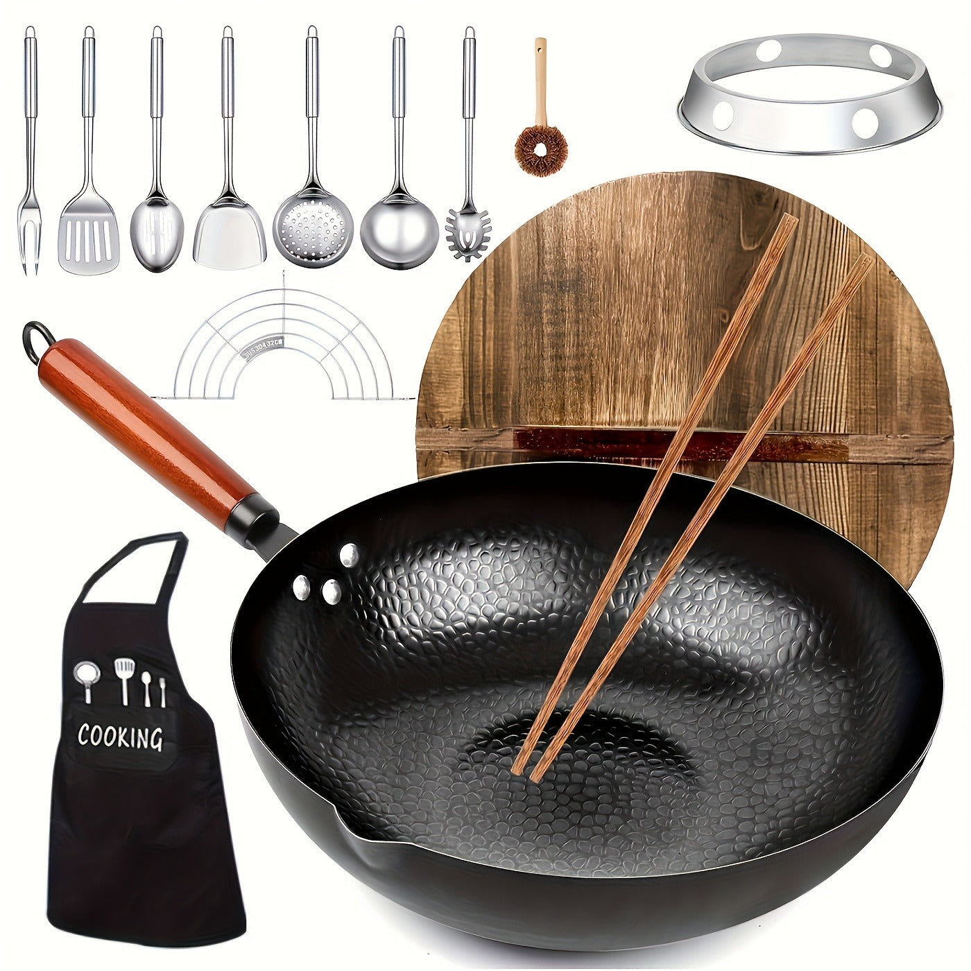 Wok Set Cast Iron 12.6 Inch Nonstick with 13 Accessories – Natural Nonstick No Chemical Coating Stir Fry Pan with Lid & Detachable Handle | Gas Electric Induction Ceramic Stovetop Kitchen Gift