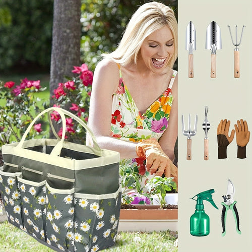 Gardening Kit 9-Piece with Gloves & Carry Bag | Heavy Duty Rust-Resistant Garden Tool Set Trowel Weeder Pruner Rake | Planting Gift for Women Men Beginners