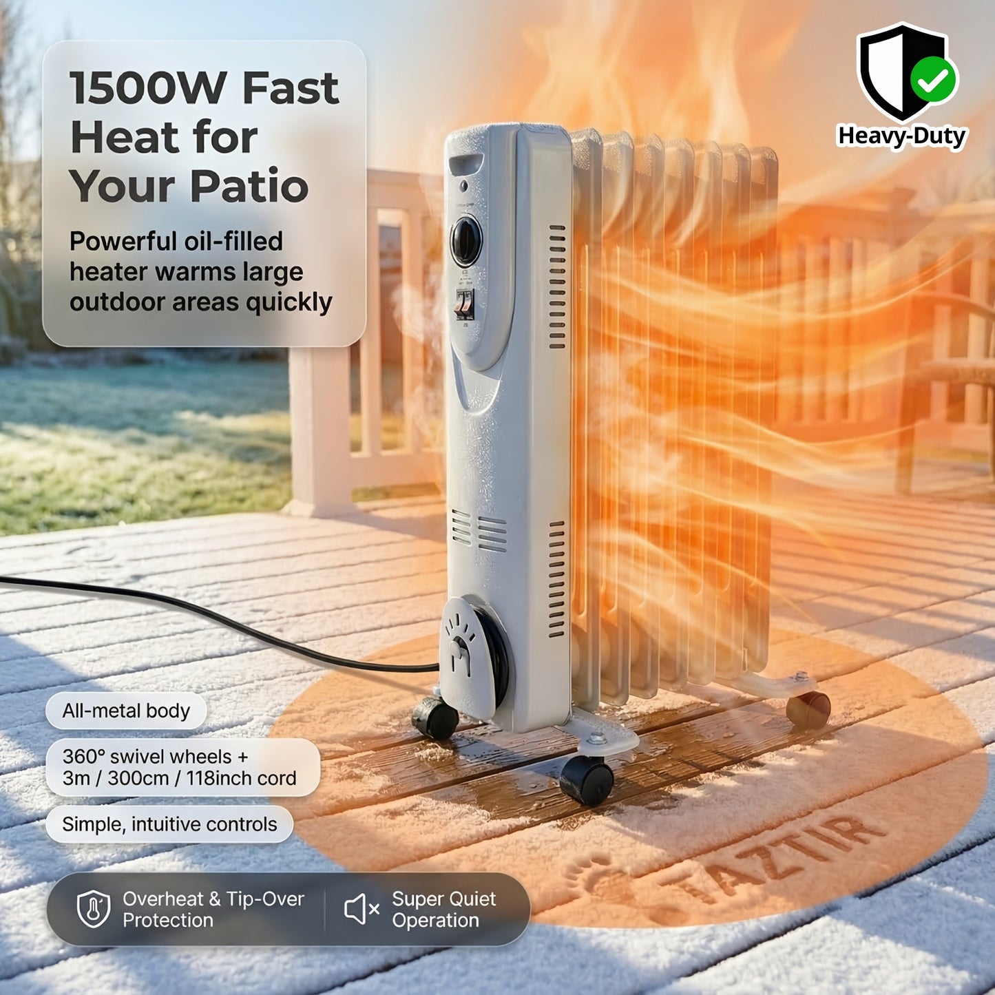 Oil Filled Radiator Heater 1500W Portable Electric Space Heater with 3 Heating Modes 600W/900W/1500W, Adjustable Thermostat, Overheat & Tip-Over Protection, Heavy-Duty Metal Housing with Casters