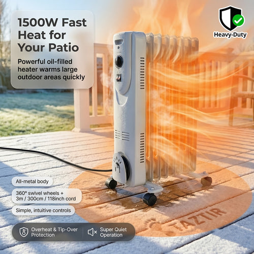 Oil Filled Radiator Heater 1500W Portable Electric Space Heater with 3 Heating Modes 600W/900W/1500W, Adjustable Thermostat, Overheat & Tip-Over Protection, Heavy-Duty Metal Housing with Casters