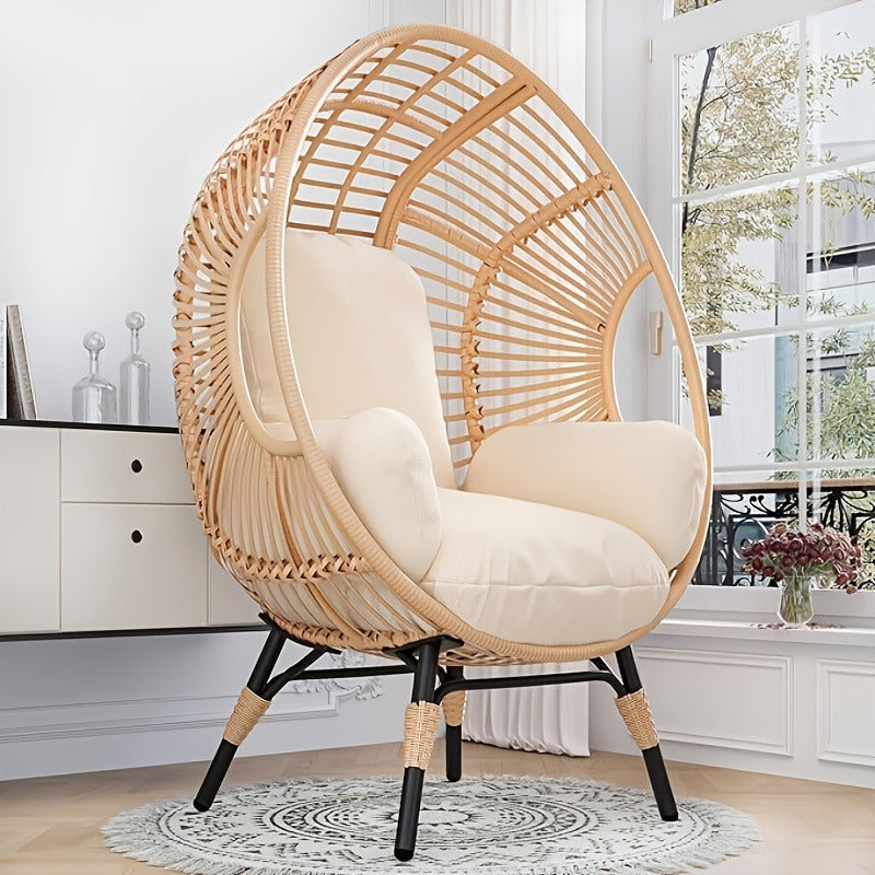 Egg Chair Outdoor Wicker Oversized Hanging Basket Chair with Stand & Cushion 500LBS Capacity UV-Resistant Rattan Style Patio Lounge Chair for Garden Backyard Balcony Porch Beige Black