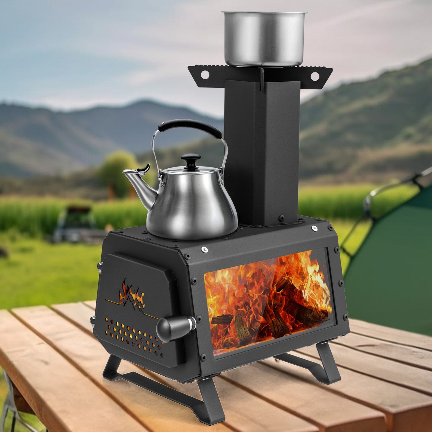 Camp Stove Wood Burning 2-in-1 Outdoor Cookstove & Heater, Carbon Steel, Glass-Ceramic Window, Dual Cooking Positions, Anti-Scald Handle, Foldable, 8.5 lbs for Camping Hiking
