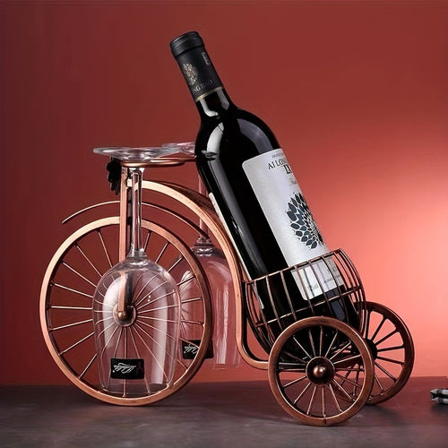 Wine Rack Bicycle Shaped - Holds 1 Bottle & 2 Glasses, Vintage Iron Bike Wine Holder for Home Decor, Tabletop Display, Parties & Gifts, Polished Finish