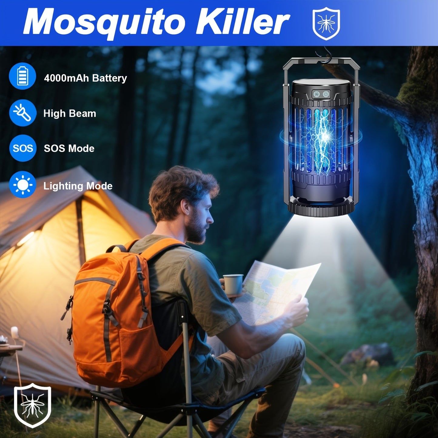Electric Bug Zapper Mosquito Killer Lamp – UV Light Fly Trap with 360° Swivel Base, Rechargeable Portable Insect Killer for Indoor Outdoor Camping Hiking