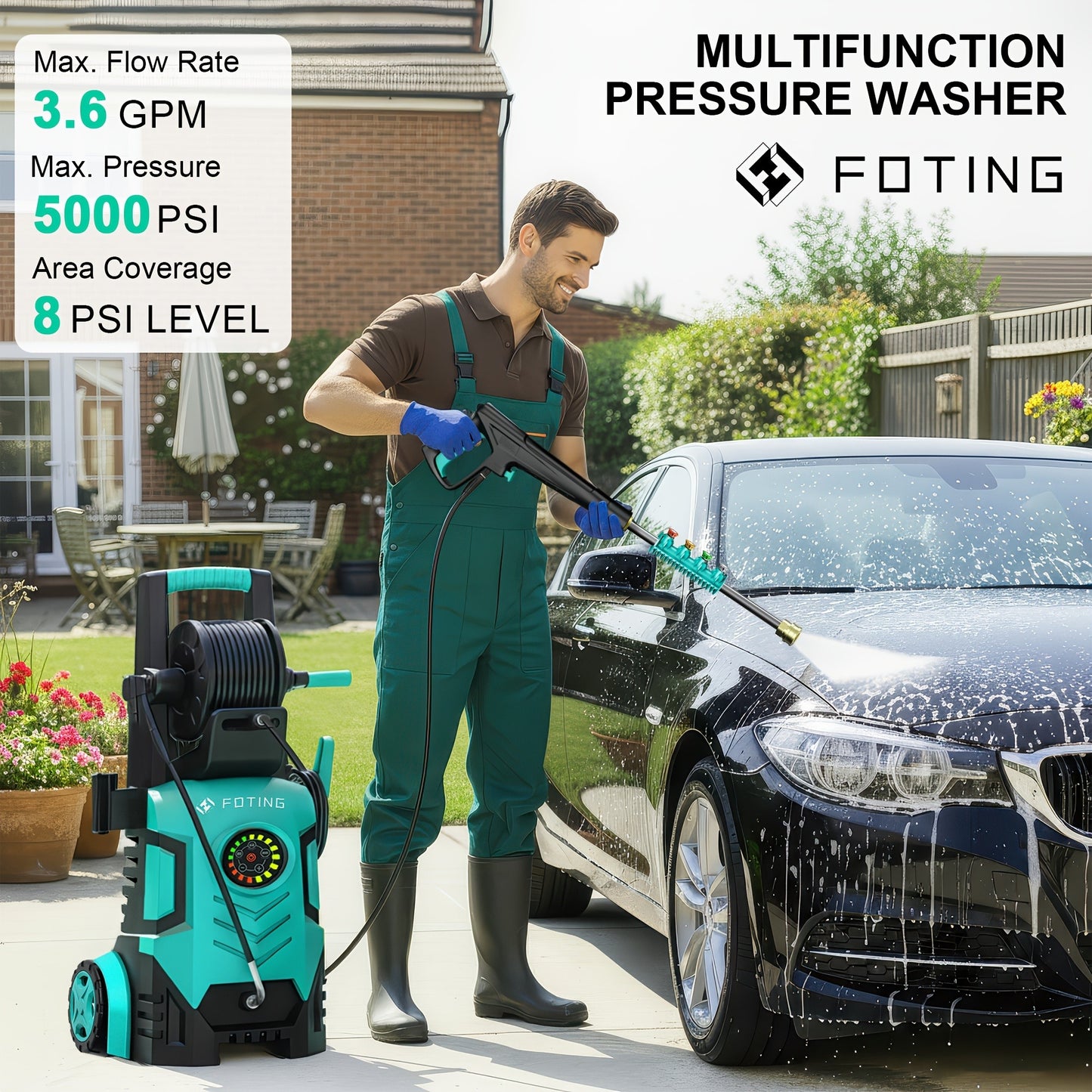 Pressure Washer 5000PSI Electric Power Washer 2.4-3.6GPM Adjustable 8-Level Touch Screen 34" Tall 4 Quick-Connect Nozzles for Cars Fences Driveways Patios