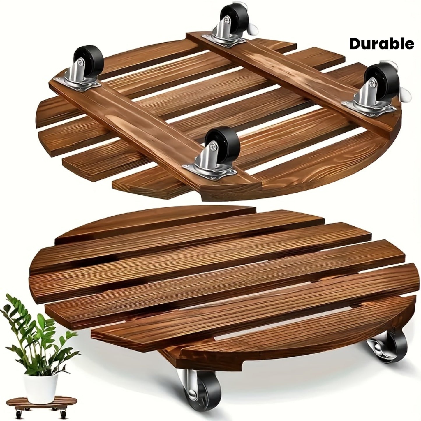 Rolling Plant Stand with Locking Wheels 2-Pack - Heavy Duty Wooden Planter Caddy for Indoor Outdoor Large Potted Plants, 12x12x3 Inch