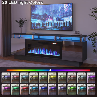 Fireplace TV Stand 70 Inch with 36" Electric Fireplace 2-Tier High Gloss Wood Entertainment Center LED Lights Cabinet Media Console Living Room