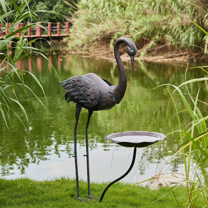 Bird Bath Outdoor Metal Crane Heron Sculpture 36" – Garden Feeder Stake Yard Lawn Patio Decor