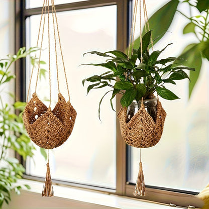 Macrame Plant Hanger with Tassels, Bohemian Cotton Rope Crochet Wall Basket, Indoor Outdoor Hanging Planter with Hooks, Boho Home Decor