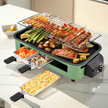 Indoor Smokeless Electric Grill 1500W Non-Stick Raclette Table Grill with Removable Plate & 3 Mini Pans Dishwasher Safe Compact BBQ Griddle