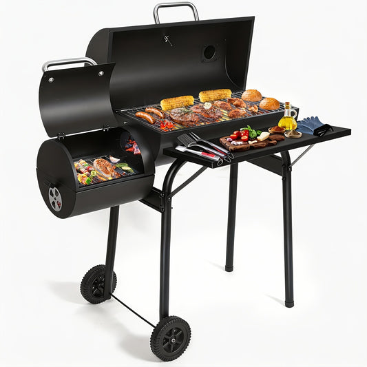 Charcoal Grill with Offset Smoker, Barrel BBQ Smoker Grill Combo for Backyard & Patio, Heavy-Duty Outdoor Charcoal Smoker with Side Firebox for Smoking, Grilling & BBQ Parties