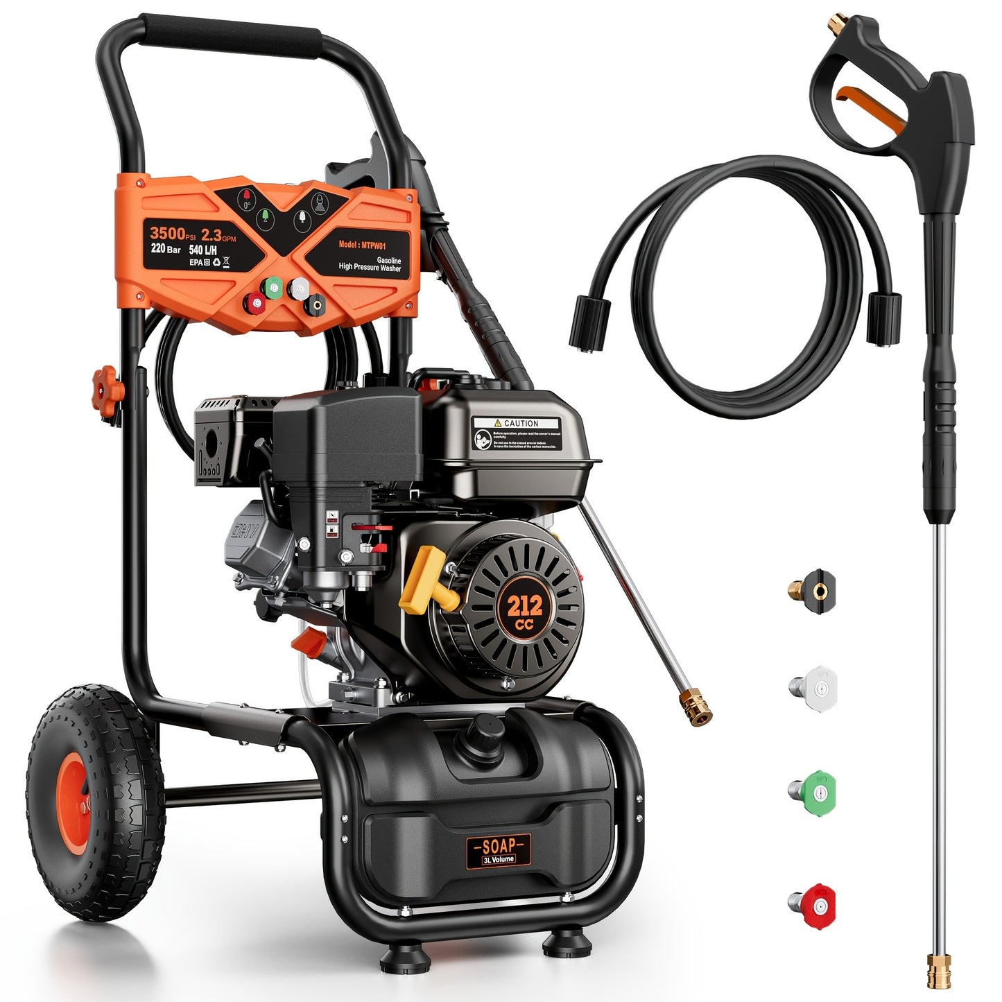 Gas Pressure Washer 3500PSI 7HP 212CC OHV Engine 2.3GPM 25-Foot Hose 4 Quick-Connect Nozzles Axial Cam Pump 10-Inch Pneumatic Tires for Driveways Decks Cars RV