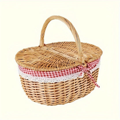 Lined Picnic Basket with Lid & Handles – Vintage Handcrafted Willow Woven Hamper with Linen Lining & Red White Checkered Tablecloth for Picnics & Camping