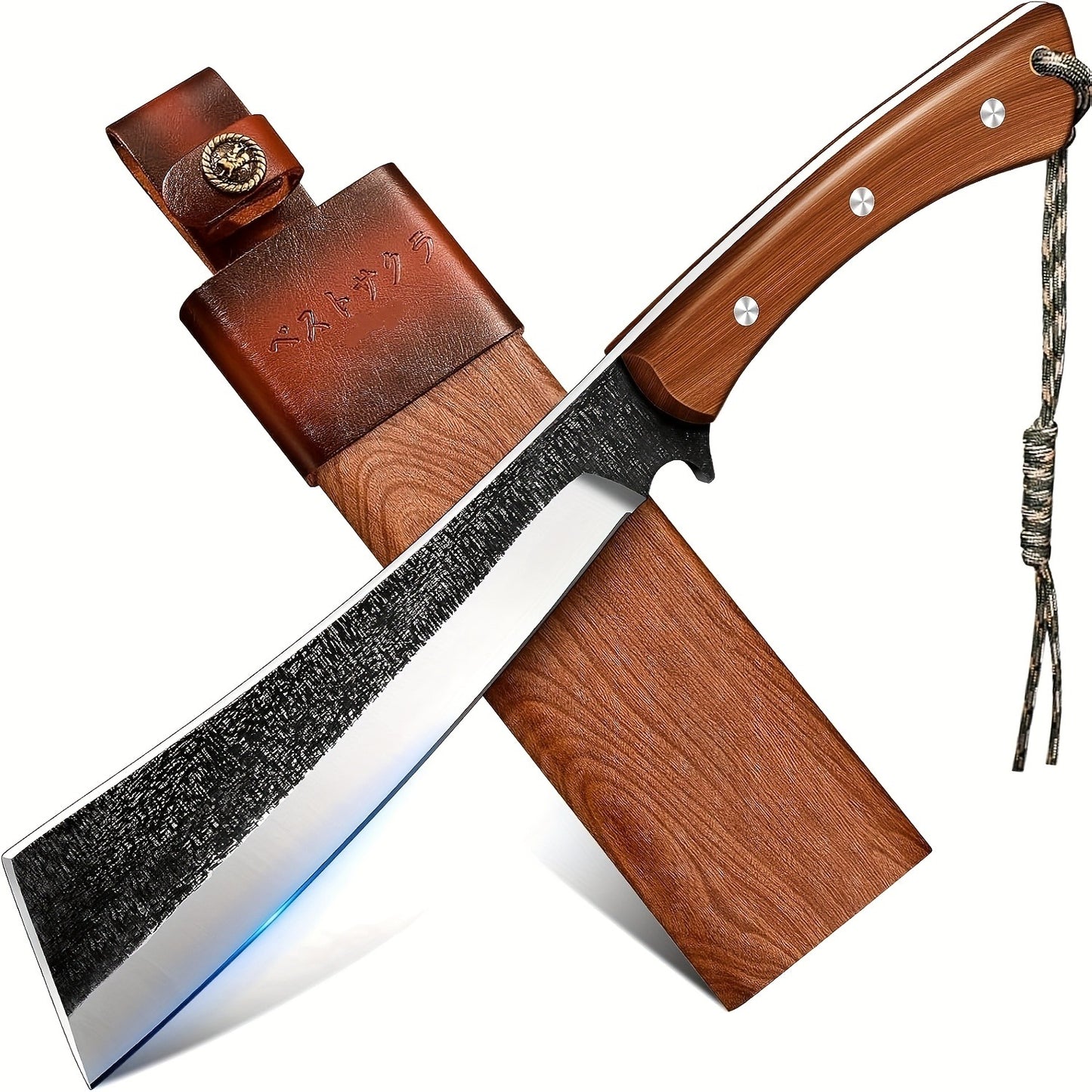 Machete High-Carbon Steel 7.8" Blade with Red Sandalwood Handle, Full Tang Outdoor Knife with Wood & Leather Case for Camping, Hiking, Gardening and Survival