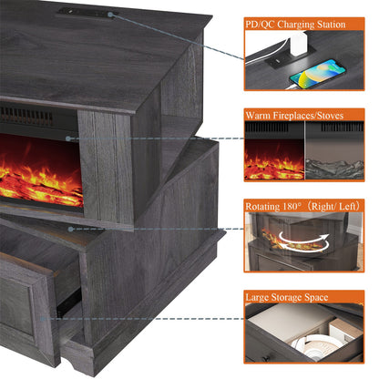Electric Stove Heater End Table Rotatable Fireplace Side Table 1400W 4800 BTU Indoor Heater with Storage Cabinet Nightstand Overheat Protection