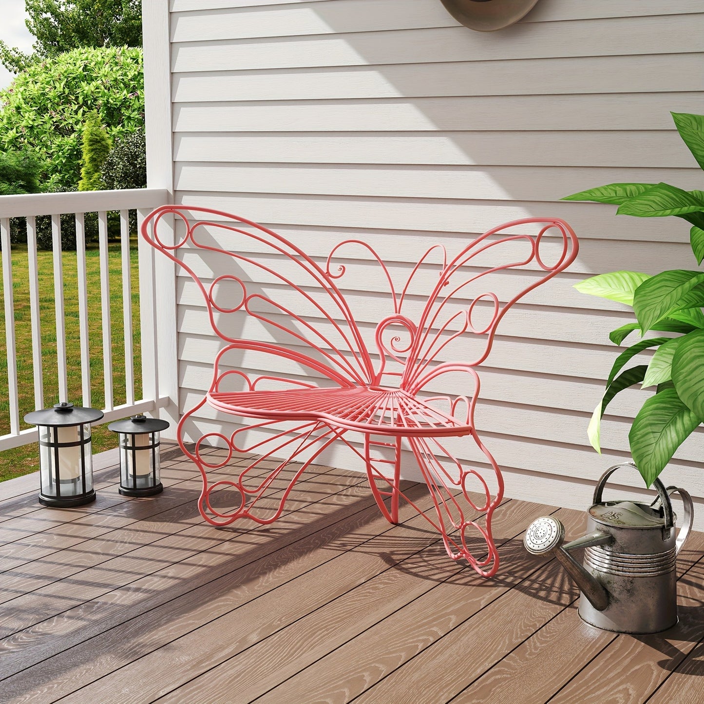 Outdoor Garden Bench 50 Inch Butterfly Design Iron Steel Frame Patio Bench for Porch Lawn Yard Easy Assembly 4 Colors Available