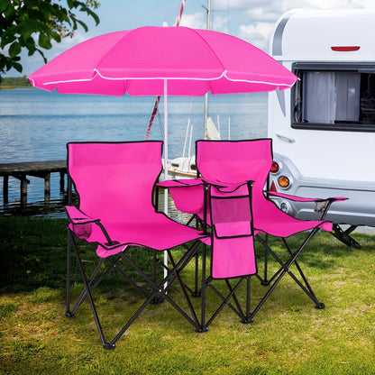 Folding Picnic Chair Set for 2 | Umbrella, Cooler Bag & Table, 600 Lbs Capacity, Portable