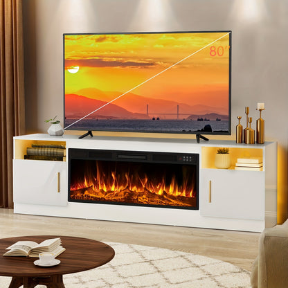 TV Stand with Fireplace 70 Inch for TVs up to 80" 36" Electric Fireplace LED Light Entertainment Center Highlight Storage Cabinet Modern Wood Media Console