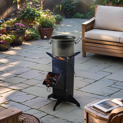 Rocket Stove Wood Burning Stove, Heavy-Duty Detachable Outdoor Cooking Stove for Courtyard, Camping & Grilling – Charcoal & Firewood Compatible, Black