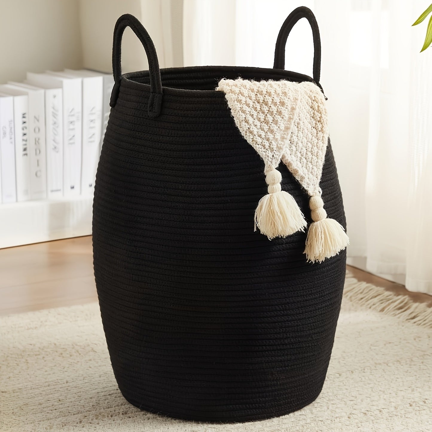 Laundry Basket Foldable Boho Hamper 22" Tall Oval Fabric with Long Handles Decorative Tassels Bedroom Bathroom Closet Storage