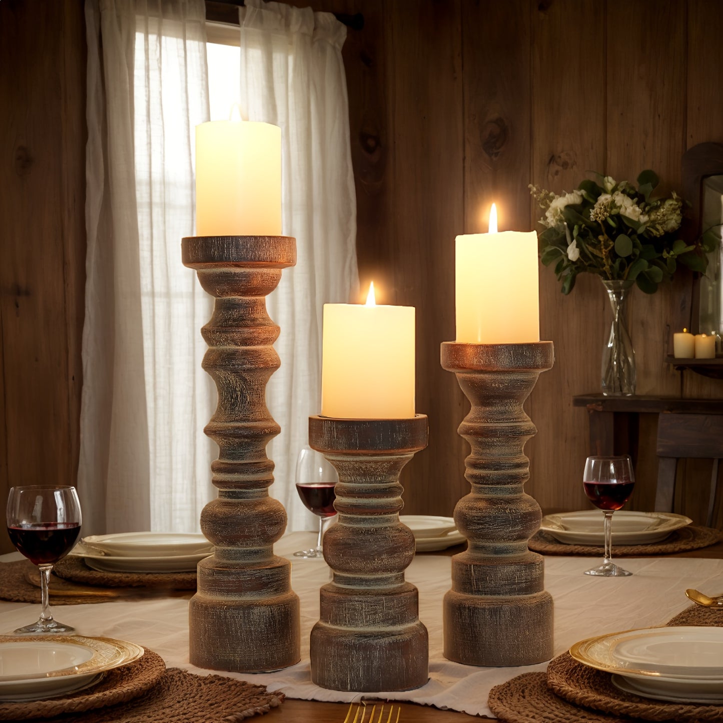 Pillar Candle Holders Set of 3 Rustic Farmhouse Wood Brown Centerpiece Table Fireplace Mantel Coffee Table Home Decor Gift