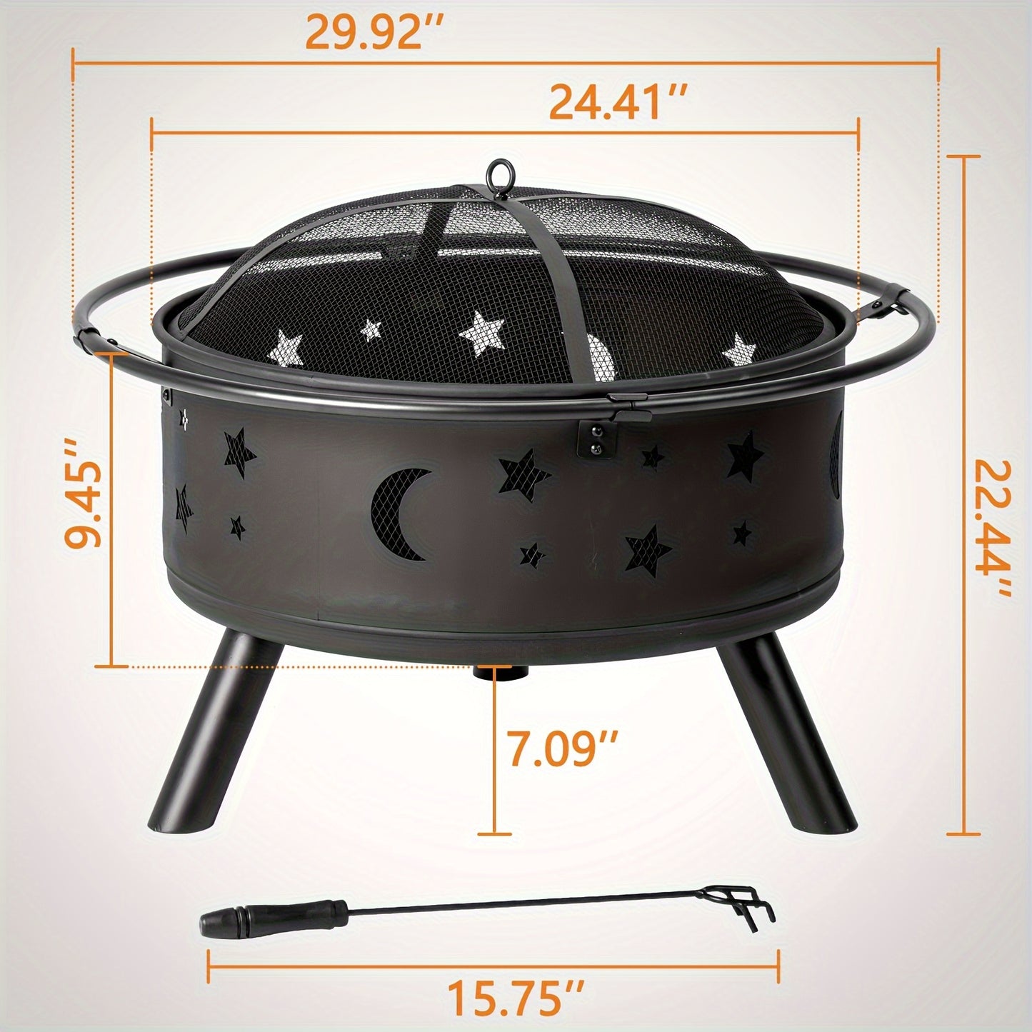 Fire Pit 30 Inch Round Wood Burning Outdoor Backyard Patio Steel Bowl with Spark Screen Mesh Lid Star Moon Cutout Carrying Ring Poker Included Black