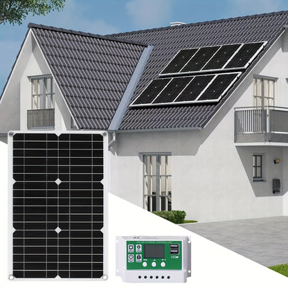 Solar Panel Kit 12V Monocrystalline | Solar Charge Controller, Battery Clips, Extension Cable, USB Ports for Car, Boat, RV, Motorcycle, Camping, Emergency Battery Charging