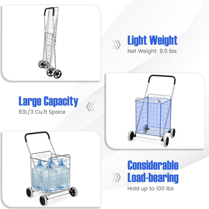 Rolling Shopping Cart Heavy Duty Metal Basket 100 LBS Capacity, Foldable Grocery Utility Cart with Foam Handle Large Wheels 22 Gal for Supermarket Laundry Warehouse