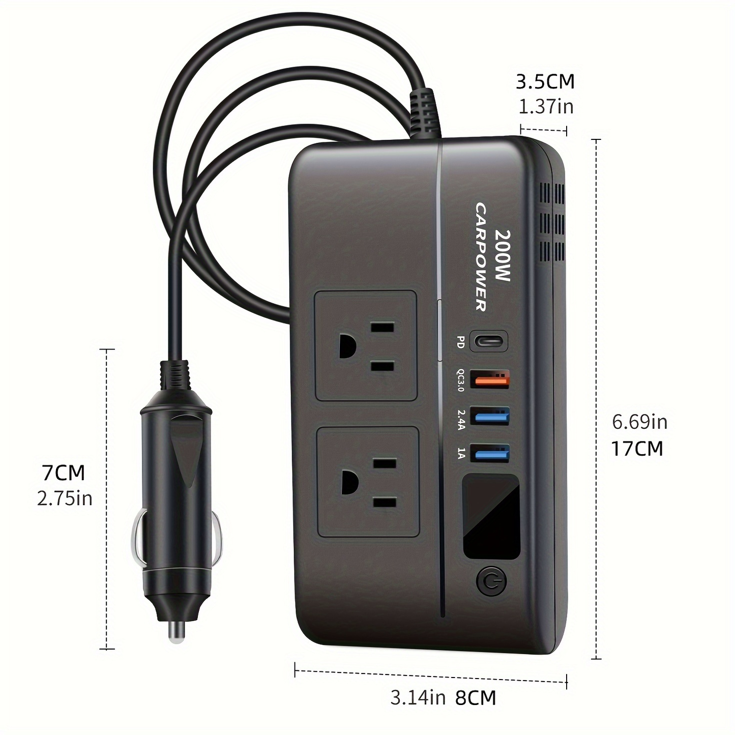 200W Car Power Inverter DC 12V to AC 110V with USB-C PD 20W & QC3.0 Fast Charging