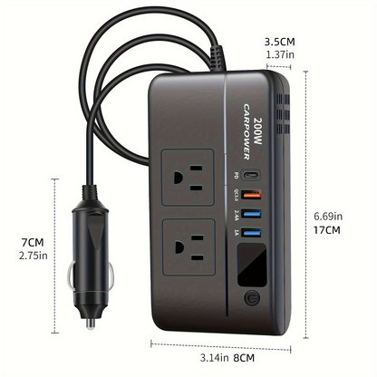200W Car Power Inverter DC 12V to AC 110V with USB-C PD 20W & QC3.0 Fast Charging
