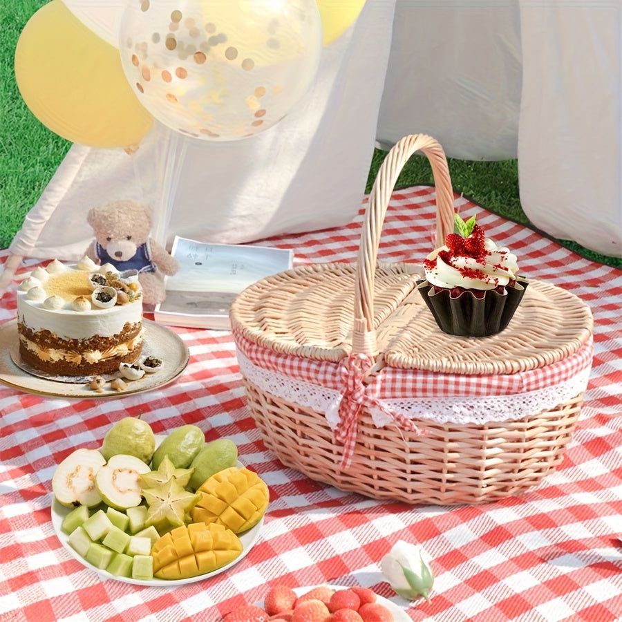Covered Picnic Basket | Portable Lined Outdoor Gift Travel Basket