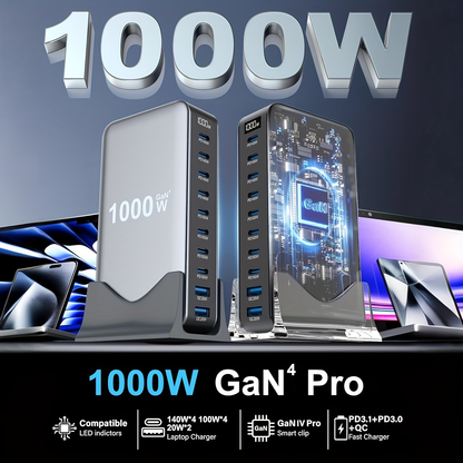 GaN Charging Station 1000W GaN3 10-Port USB-C Fast Charger for Laptops Tablets Smartphones 110-240V Universal Travel Power Hub Multi-Device Desktop