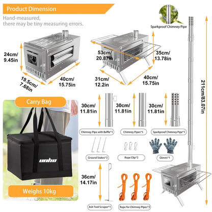 Wood Burning Stove Portable Camping Tent Stove with 7 Detachable Chimney Pipes, Stainless Steel, Adjustable Height, Fire-Resistant Window, Ash Tool & Carry Bag