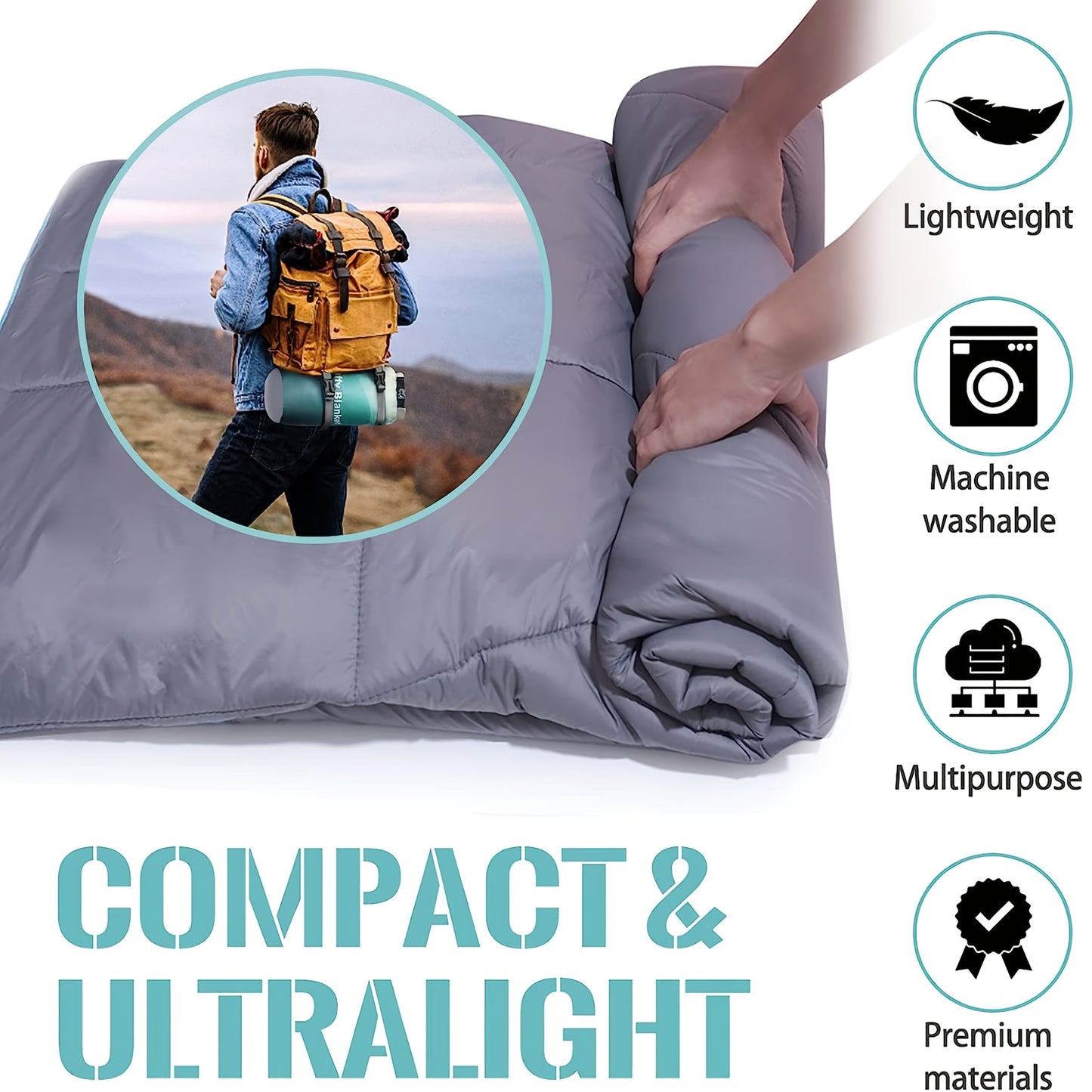 Camping Blanket Puffy Outdoor Down Alternative Windproof Warm 55x79 Inch Lightweight Printed Quilt for Beach Picnic Hammock Travel Cold Weather