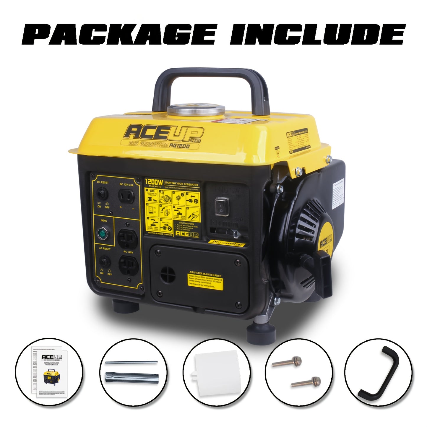 Portable Gas Generator 1200W Peak 900W Rated | 71cc 2-Cycle Engine Recoil Start AC DC Outlets | Camping RV Emergency Backup Low Noise EPA CARB