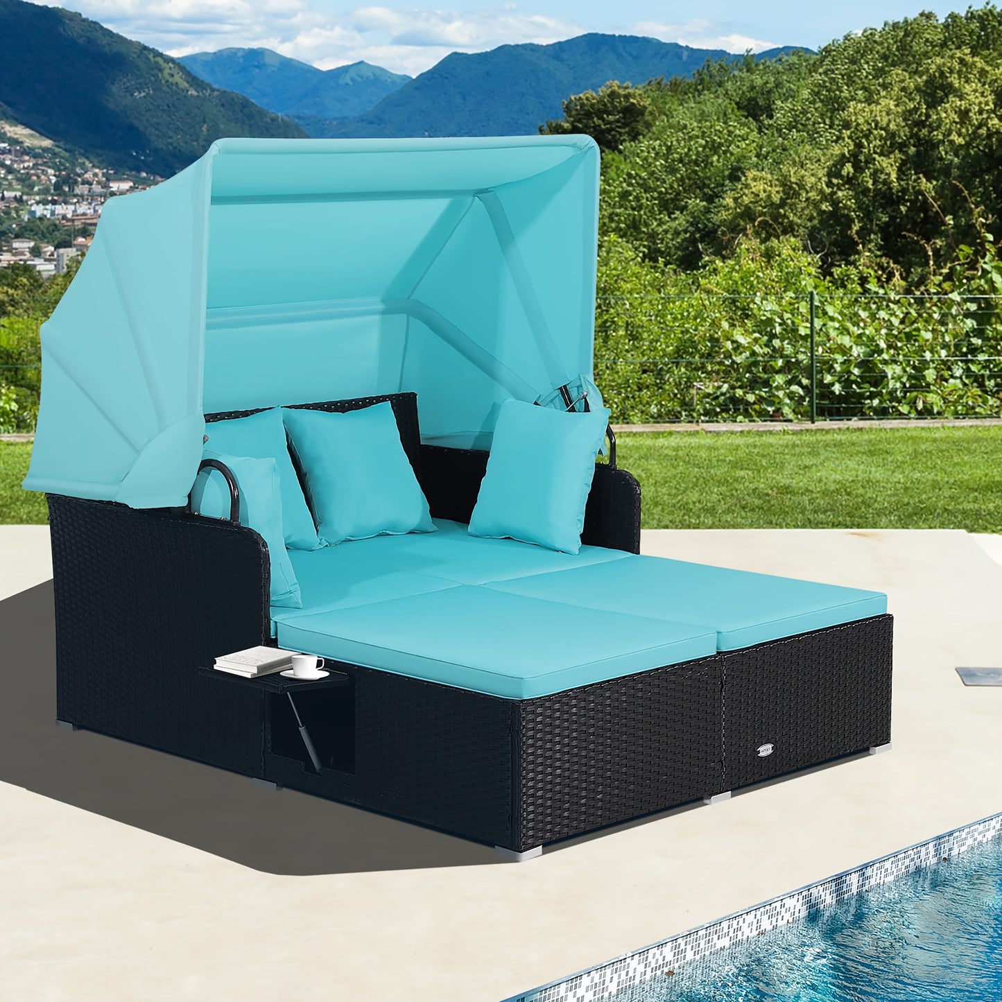 Outdoor Wicker Daybed with Retractable Canopy Side Tables Cushions PE Rattan Patio Lounge Bed Sun Lounger for Backyard Garden Pool