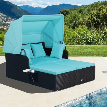Outdoor Wicker Daybed with Retractable Canopy Side Tables Cushions PE Rattan Patio Lounge Bed Sun Lounger for Backyard Garden Pool