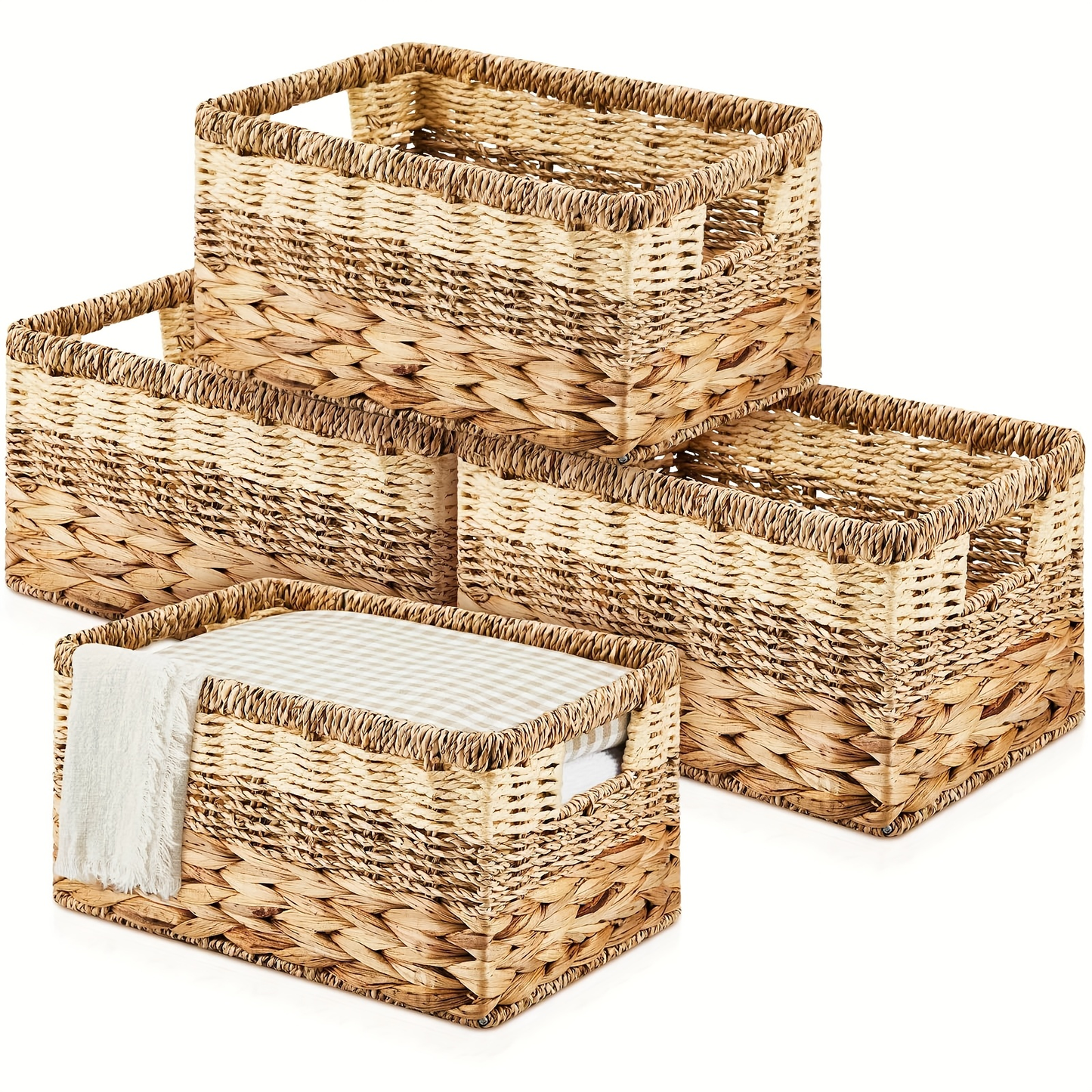 Wicker Storage Baskets Set of 4 – Hand Woven Water Hyacinth Seagrass Organizer Baskets with Handles for Shelves, Pantry, Bathroom, Bedroom & Living Room, 12x8x6.3 Inch