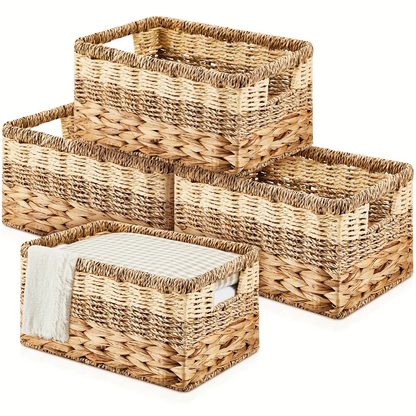 Wicker Storage Baskets Set of 4 – Hand Woven Water Hyacinth Seagrass Organizer Baskets with Handles for Shelves, Pantry, Bathroom, Bedroom & Living Room, 12x8x6.3 Inch