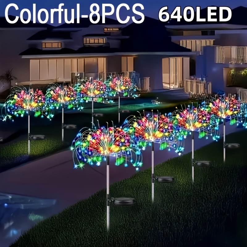 Solar Fireworks Lights Outdoor Waterproof 240–640 LED 8 Lighting Modes – 4/8 Pack Garden Stake Lights for Christmas Yard Wedding Patio Lawn Holiday Decoration