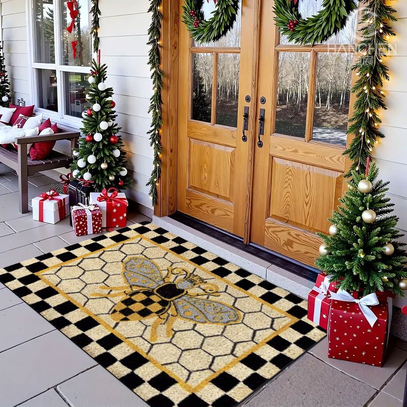 Non-Slip Bee Honeycomb Flannel Floor Mat Machine Washable Welcome Rug Indoor Outdoor Entryway Bedside Living Room Kitchen Bee Themed Home Decor