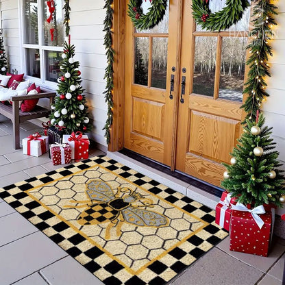 Non-Slip Bee Honeycomb Flannel Floor Mat Machine Washable Welcome Rug Indoor Outdoor Entryway Bedside Living Room Kitchen Bee Themed Home Decor