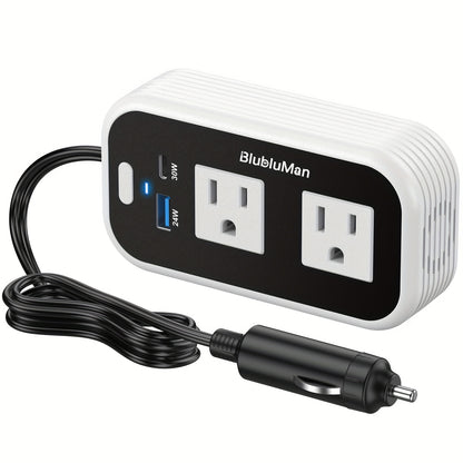 Car Plug Inverter 200W DC 12V to AC 110V with 30W PD Fast Charging QC3.0 24W USB-C Outlet Adapter for Laptop Computer Phone Tablet Vehicle Travel Road Trip