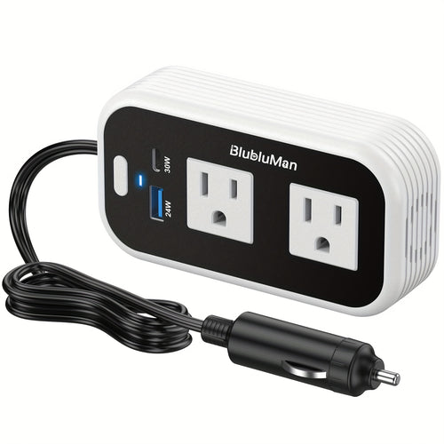 Car Plug Inverter 200W DC 12V to AC 110V with 30W PD Fast Charging QC3.0 24W USB-C Outlet Adapter for Laptop Computer Phone Tablet Vehicle Travel Road Trip